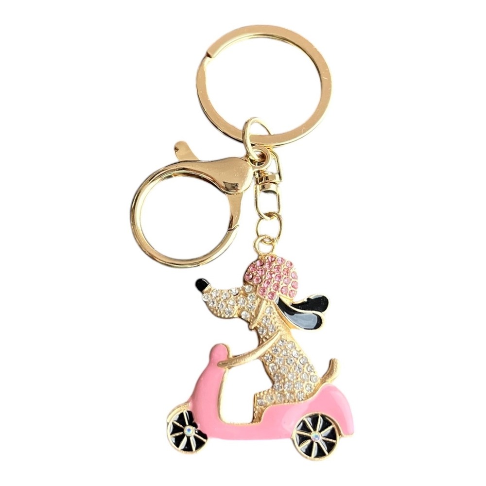 Poodle Dog on Scooter Brooch Pin 3.75" Pink Rhinestone Enamel Gold Tone
